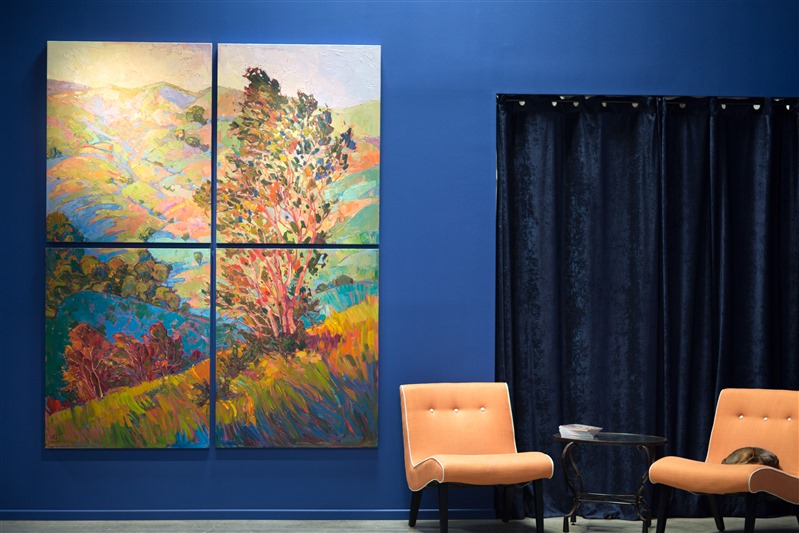 Four canvases combine to create a stunning impression of central California's wine country landscape. The colors and abstract shapes move together to communicate the motion and freshness of the wide outdoors.</p><p>This painting was created on four museum-depth canvases, with the painting continued around the edges of each stretched canvas. This painting was designed to hang without a frame, with the canvases evenly spaced 1-3 inches apart. </p><p>"Hills in Quadtych" was an Artavita first place contest winner and was featured in the World Wide Art Los Angeles convention in 2014. 