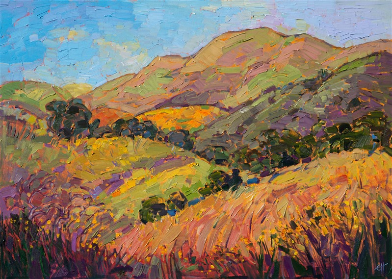 This painting was inspired by a spring-time exploration through Carmel Valley in California.  The lush greens and golds merged together in a vibrant dance of color, while the morning sky was bright blue overhead.  The impressionistic brush strokes communicate the feeling and joy of being out in open space.</p><p>This painting was done on 1-1/2" deep canvas, with the painting continued around the edges. It will arrive framed in a gold floater frame.