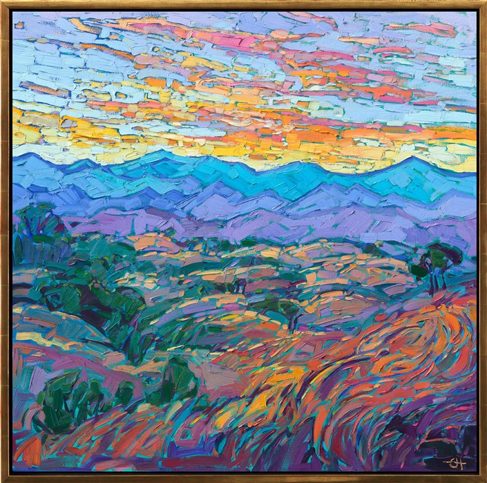 The view from Adelaida Vineyards in Paso Robles stretches all the way to the coastal range. The mountain layers turn brilliant colors of blue and purple as the sun sets over the Pacific Ocean just beyond. Thick brush strokes and luscious color capture this view of central California's wine country.</p><p>"Hills of Oak" is an original oil painting painted on 1-1/2" deep canvas. The piece arrives framed in a contemporary gold floater frame, ready to hang.