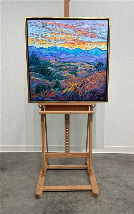 The view from Adelaida Vineyards in Paso Robles stretches all the way to the coastal range. The mountain layers turn brilliant colors of blue and purple as the sun sets over the Pacific Ocean just beyond. Thick brush strokes and luscious color capture this view of central California's wine country.</p><p>"Hills of Oak" is an original oil painting painted on 1-1/2" deep canvas. The piece arrives framed in a contemporary gold floater frame, ready to hang.