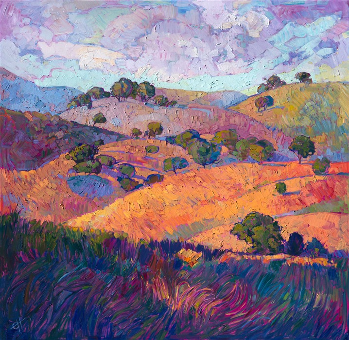 Overlapping bands of colors bring Paso Robles to life in pure, vibrant hues, as California oaks march across the summer-tinted hills.  The paint, thickly textured, glimmers with motion as light plays across the canvas.  

This painting was created on 2" museum-depth canvas, with the painting continued around the edges of the stretched canvas. It arrives ready to hang without a frame. (Please contact the artist if you would like information on framing options for this painting.)