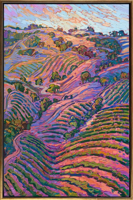 I used a drone to capture this view of the overlapping vineyards around Adelaida Winery in Paso Robles, California. The wine country in central California is the most idyllic I have seen, with perfectly rounded hills and neat little vineyards tucked away among the hillsides.</p><p><b>Please note:</b> This painting will be hanging in a museum exhibition until November 5th, 2023. This piece is included in the show Erin Hanson: Color on the Vine at the Bone Creek Museum of Agrarian Art in Nebraska. You may purchase the painting now, but you will not receive the painting until after the show ends in November 2023.</p><p>"Hills of Vines" is an original oil painting by Erin Hanson. The thickly applied brush strokes capture the movement and contrasting colors of the scene. This piece arrives framed in a 23kt gold floater frame, ready to hang.