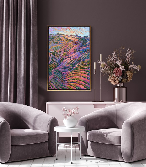 I used a drone to capture this view of the overlapping vineyards around Adelaida Winery in Paso Robles, California. The wine country in central California is the most idyllic I have seen, with perfectly rounded hills and neat little vineyards tucked away among the hillsides.</p><p><b>Please note:</b> This painting will be hanging in a museum exhibition until November 5th, 2023. This piece is included in the show Erin Hanson: Color on the Vine at the Bone Creek Museum of Agrarian Art in Nebraska. You may purchase the painting now, but you will not receive the painting until after the show ends in November 2023.</p><p>"Hills of Vines" is an original oil painting by Erin Hanson. The thickly applied brush strokes capture the movement and contrasting colors of the scene. This piece arrives framed in a 23kt gold floater frame, ready to hang.