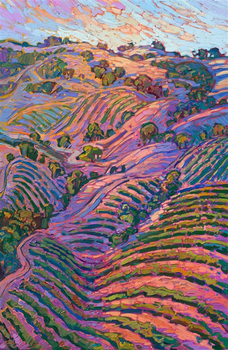 I used a drone to capture this view of the overlapping vineyards around Adelaida Winery in Paso Robles, California. The wine country in central California is the most idyllic I have seen, with perfectly rounded hills and neat little vineyards tucked away among the hillsides.</p><p><b>Please note:</b> This painting will be hanging in a museum exhibition until November 5th, 2023. This piece is included in the show Erin Hanson: Color on the Vine at the Bone Creek Museum of Agrarian Art in Nebraska. You may purchase the painting now, but you will not receive the painting until after the show ends in November 2023.</p><p>"Hills of Vines" is an original oil painting by Erin Hanson. The thickly applied brush strokes capture the movement and contrasting colors of the scene. This piece arrives framed in a 23kt gold floater frame, ready to hang.