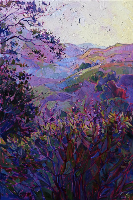 Lush purple shadows cover these hills of Paso Robles in layers of color and light, the perfect backdrop to enjoy a glass of wine. This impressionist painting captures the mood and feeling of being outdoors, bringing wine country to your own home.