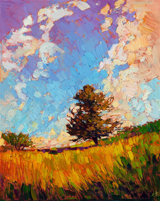 A stunning blend of color and light, this painting captures all the drama and beauty of a perfect summer day.  The brush strokes are loose and impressionistic, drawing you into the painting and into your own imagination.</p><p>This painting has been framed in a hand-carved gold floater frame. This painting arrives wired and ready to hang on your wall.