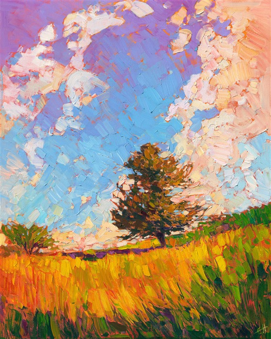 A stunning blend of color and light, this painting captures all the drama and beauty of a perfect summer day.  The brush strokes are loose and impressionistic, drawing you into the painting and into your own imagination.

This painting has been framed in a hand-carved gold floater frame. This painting arrives wired and ready to hang on your wall.