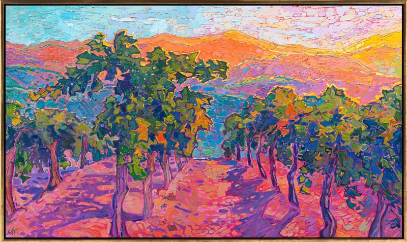 Green, late summer vines crest the top of a hillside in Paso Robles wine country. This painting was inspired by Adelaida Vineyards, located on the highest peaks between Paso and the coastal range. Their vines are some of the oldest in Paso Robles. This painting captures the vivid colors of wine country with expressive, thickly textured brush strokes, in Erin Hanson's iconic, impressionistic style.</p><p>"Hilltop Vines" is an original oil painting created on stretched canvas. The piece arrives framed in a contemporary gold floater frame, ready to hang.