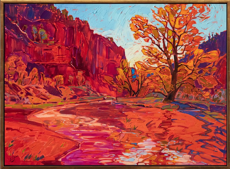 About the painting:<br/>About a day's hike east of Kolob Canyon, you end up in Hop Valley wash. For many miles, the trans-Zion trail leads you through soft, orange sand. The rivulets of water running through the wash reflect the surrounding cliffs and cottonwoods.</p><p>"Hop Valley Wash" was created on gallery-depth canvas, with the painting continued around the edges. The piece arrives framed in a contemporary gold floater frame.