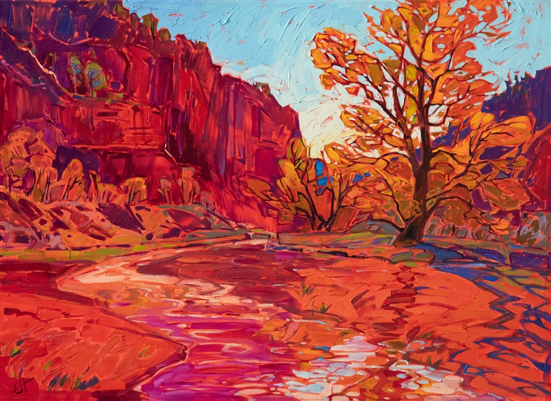 About the painting:<br/>About a day's hike east of Kolob Canyon, you end up in Hop Valley wash. For many miles, the trans-Zion trail leads you through soft, orange sand. The rivulets of water running through the wash reflect the surrounding cliffs and cottonwoods.</p><p>"Hop Valley Wash" was created on gallery-depth canvas, with the painting continued around the edges. The piece arrives framed in a contemporary gold floater frame.