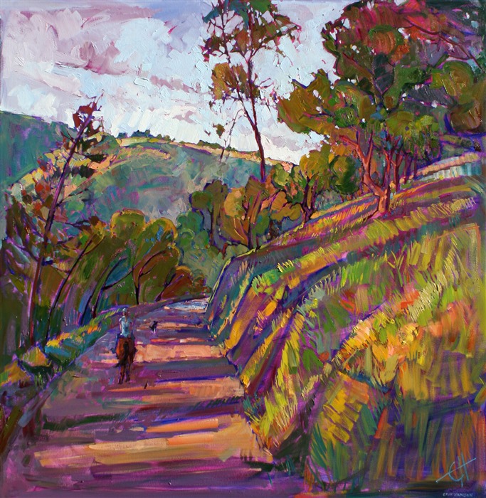 Long afternoon shadows contour the hills and trail in this painting of Paso Robles. Horseback riding is a great way to see the backcountry and get inspirations for paintings.