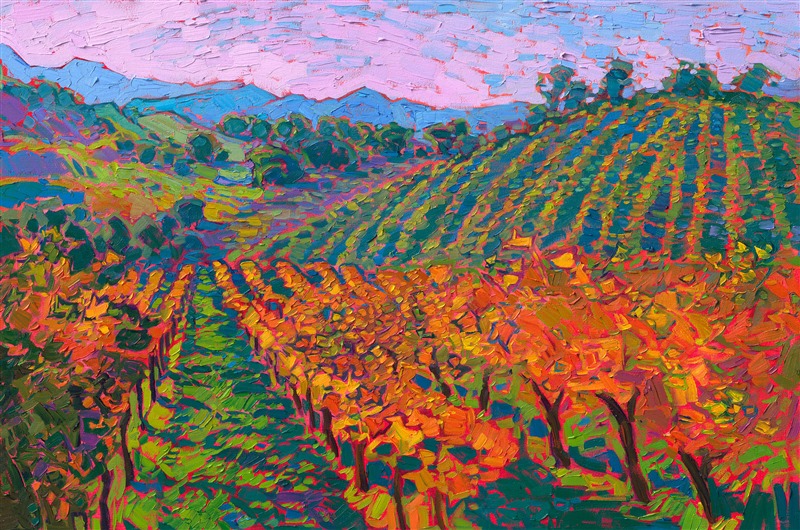 Rows of autumn-hued grape vines tumble down the hillside, their cadmium-colored leaves a beautiful contrast against the bright green grass. The impasto brush strokes are thick and impressionistic, creating a mosaic of color and texture across the canvas.<br/> 