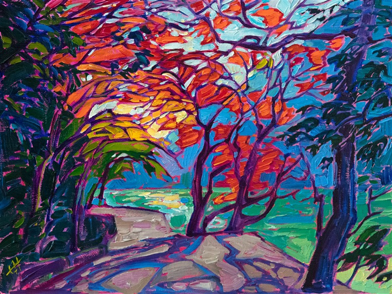 Abstract diamonds of color radiate through the leaves of this Japanese maple tree, standing alongside Arashiyama River in Kyoto, Japan. The impasto brush strokes are thick and impressionistic, capturing the light of the scene.</p><p>"Hues of Maple" was created on 1/8" linen board. It arrives framed in a gold plein air frame, ready to hang.
