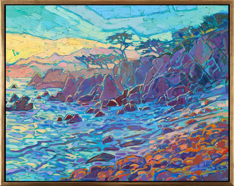 Cool waves of vibrant color flow into the rocky outcroppings of Monterey's coastline. Rich hues of blue and gold capture the colors of the setting sun and the layers of rocky coast.</p><p>"Hues of Monterey" is an original oil painting created on stretched canvas. The piece arrives framed in a contemporary gold floater frame, ready to hang.</p><p>