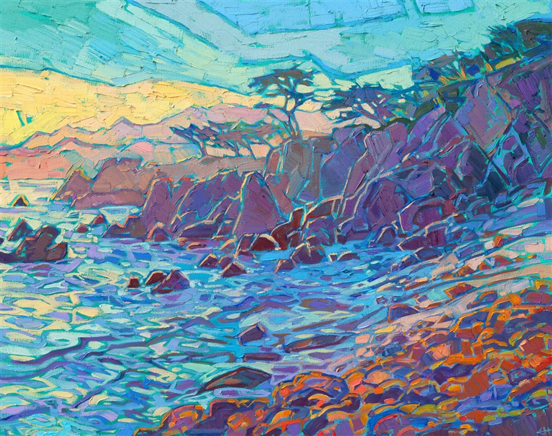 Cool waves of vibrant color flow into the rocky outcroppings of Monterey's coastline. Rich hues of blue and gold capture the colors of the setting sun and the layers of rocky coast.</p><p>"Hues of Monterey" is an original oil painting created on stretched canvas. The piece arrives framed in a contemporary gold floater frame, ready to hang.</p><p>