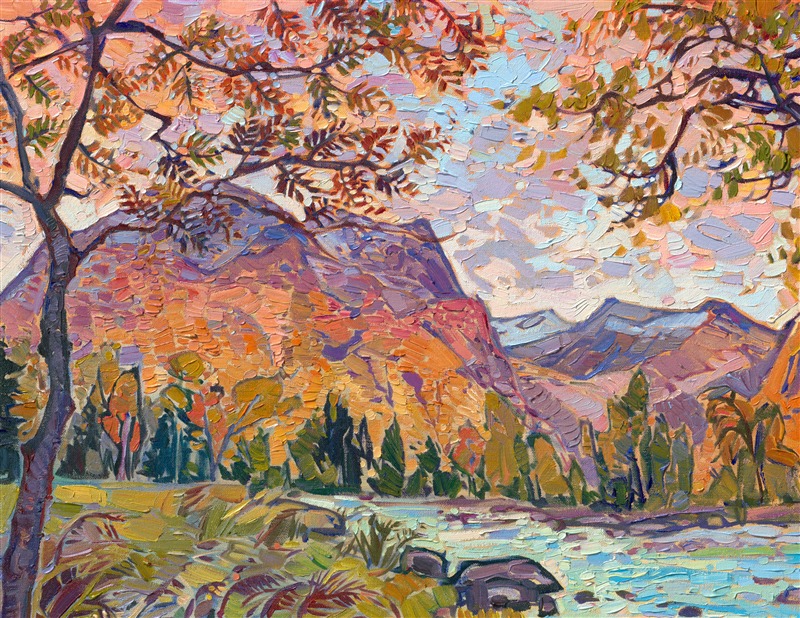 I came across this valley in Norway on my way to Geirangerfjord. The golden hour of dawn filled the valley with rich hues of orange and purple. I ended up missing my ferry because I couldn't drag myself away from the beautiful turquoise waters and lush autumn colors. This painting captures everything I loved about Norway--how every landscape I saw was worthy of becoming a painting.