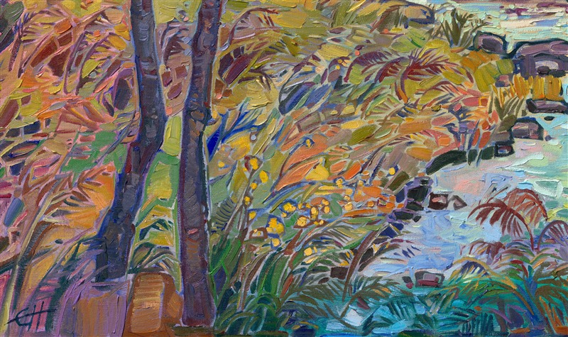 I came across this valley in Norway on my way to Geirangerfjord. The golden hour of dawn filled the valley with rich hues of orange and purple. I ended up missing my ferry because I couldn't drag myself away from the beautiful turquoise waters and lush autumn colors. This painting captures everything I loved about Norway--how every landscape I saw was worthy of becoming a painting.