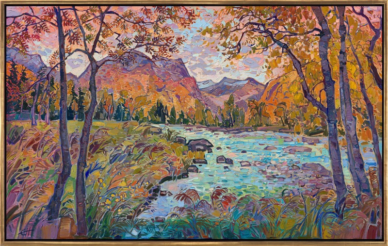 I came across this valley in Norway on my way to Geirangerfjord. The golden hour of dawn filled the valley with rich hues of orange and purple. I ended up missing my ferry because I couldn't drag myself away from the beautiful turquoise waters and lush autumn colors. This painting captures everything I loved about Norway--how every landscape I saw was worthy of becoming a painting.