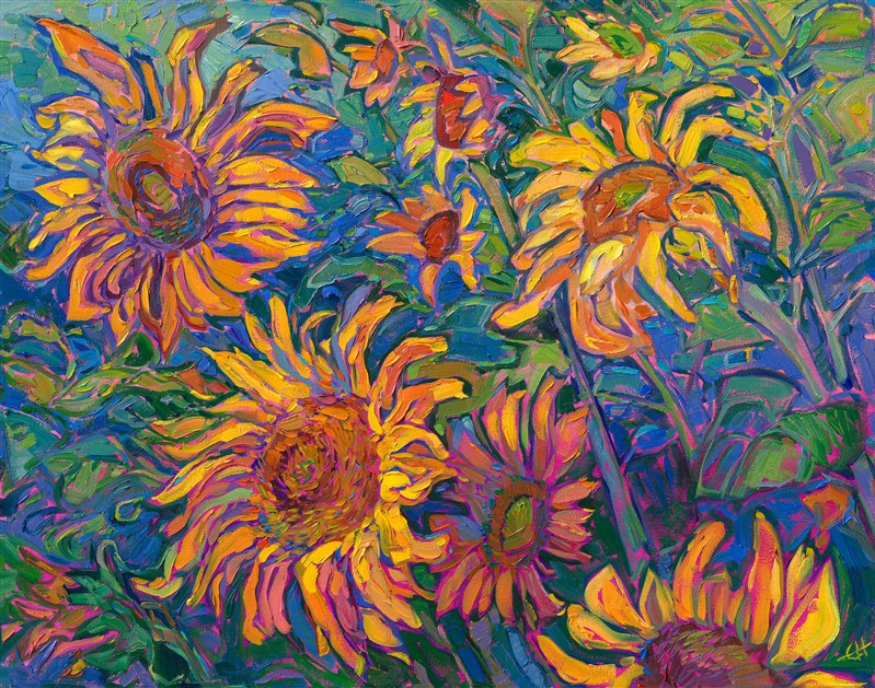 Vibrant hues of sunflowers glow with light in this oil painting of sunflower fields. The thick, impasto brushstrokes add motion and rhythmic texture to the painting. This impressionistic painting captures all the beauty of this colorful flower.</p><p>"Hues of Sunflowers" is an original oil painting on stretched canvas. The piece arrives framed in a contemporary gold floater frame, ready to hang.