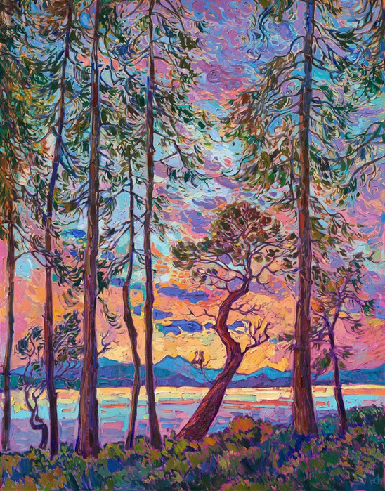 Pines and madrone trees stand alongside a tranquil lake in Washington. Sunset reflections mirrored in the still waters make the world appear drenched in color. Thick, impressionistic brushstrokes capture the transient beauty of the scene.