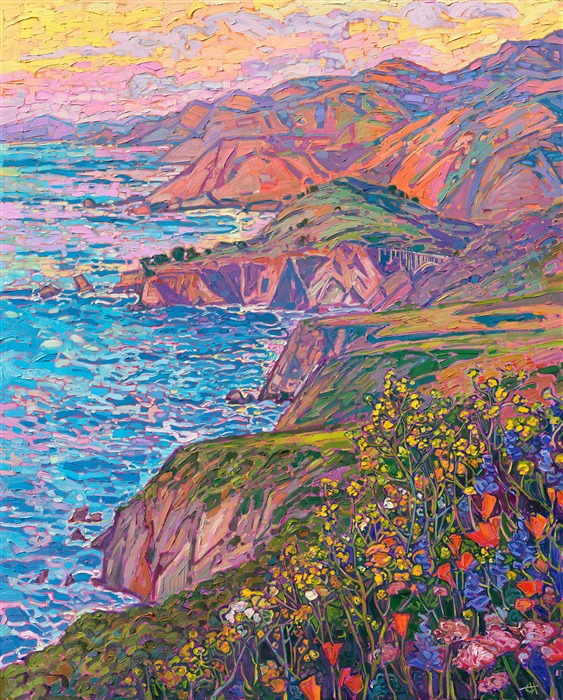 The view from Hurricane Point lets you see far down the California coastline in either direction, with Bixby Bridge and the distant curves of the coastline towards the Monterey Peninsula to the north. The brush strokes in this large oil painting are thick and impressionistic, capturing the movement and color of the scene.<br/>