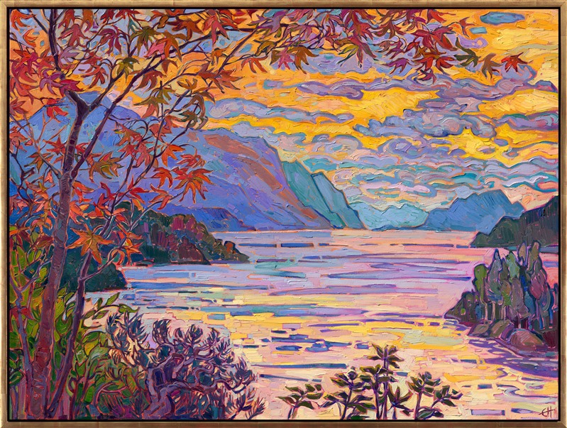 Everywhere I visited in Norway was absolutely stunning. The dramatic fjords turn the landscape into a paradise for painters. This piece captures the view from Ålesund, Norway. The overcast clouds in October parted right at sunset, letting the golden hour rays bathe the landscape in hues of orange. I use thick brush strokes of oil paint to communicate motion and texture in the landscape, in my signature Open Impressionism style.