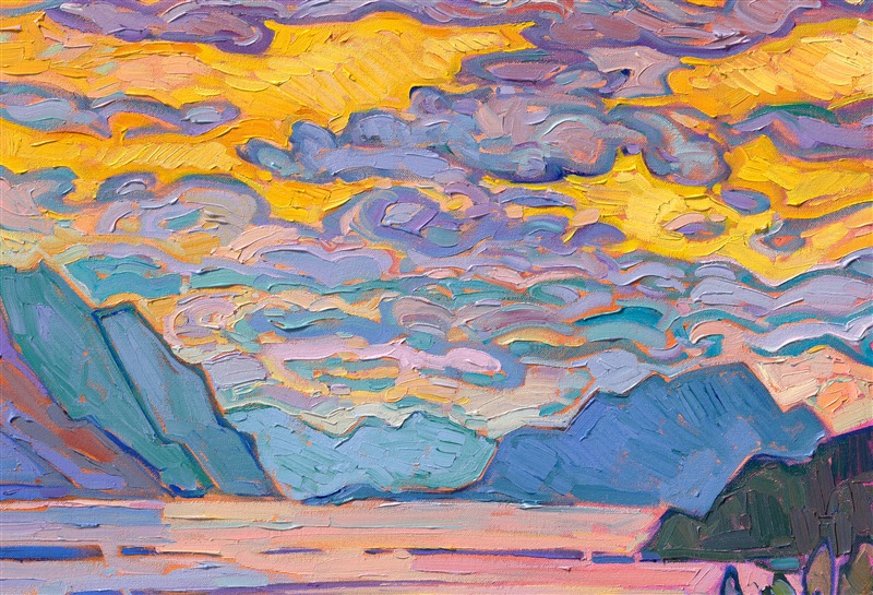 Everywhere I visited in Norway was absolutely stunning. The dramatic fjords turn the landscape into a paradise for painters. This piece captures the view from Ålesund, Norway. The overcast clouds in October parted right at sunset, letting the golden hour rays bathe the landscape in hues of orange. I use thick brush strokes of oil paint to communicate motion and texture in the landscape, in my signature Open Impressionism style.