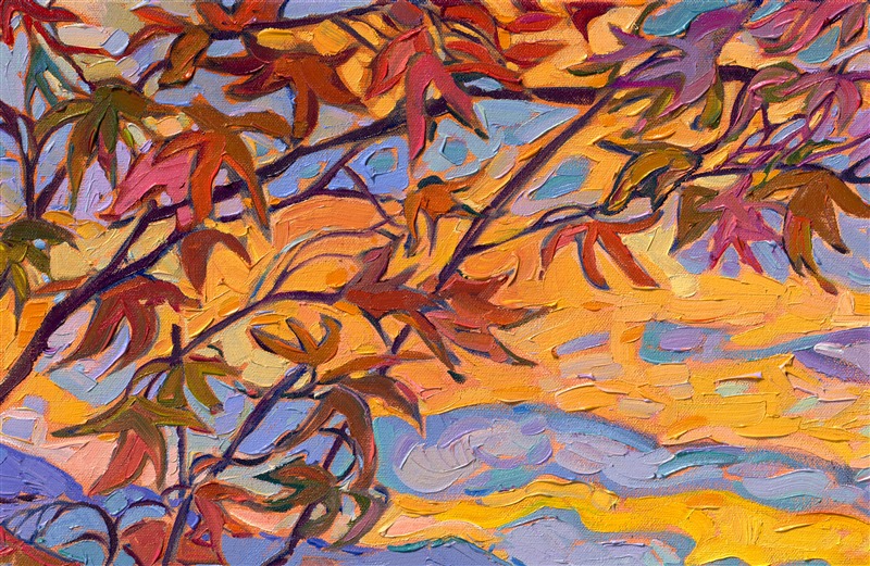 Everywhere I visited in Norway was absolutely stunning. The dramatic fjords turn the landscape into a paradise for painters. This piece captures the view from Ålesund, Norway. The overcast clouds in October parted right at sunset, letting the golden hour rays bathe the landscape in hues of orange. I use thick brush strokes of oil paint to communicate motion and texture in the landscape, in my signature Open Impressionism style.