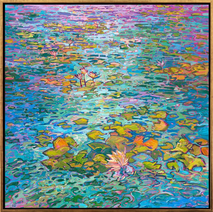 I am always searching for new water lily ponds to paint. Two of my favorite ponds are in the middle of a big city, and both at an art museum -- the lily pond in Pasadena, California, at the Norton Simon Museum and the lily pond in Balboa Park, in front of the San Diego Museum of Art (which I have painted here.) I love how the light and reflections interact with the lily pads, and the blooming flowers add an extra dimension of color and texture.</p><p>"Illumination" is an original oil painting on stretched canvas. This large oil painting arrives framed in a burnished, 23kt gold leaf frame, ready to hang.