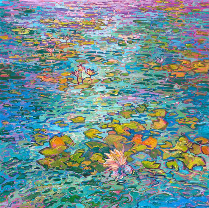 I am always searching for new water lily ponds to paint. Two of my favorite ponds are in the middle of a big city, and both at an art museum -- the lily pond in Pasadena, California, at the Norton Simon Museum and the lily pond in Balboa Park, in front of the San Diego Museum of Art (which I have painted here.) I love how the light and reflections interact with the lily pads, and the blooming flowers add an extra dimension of color and texture.</p><p>"Illumination" is an original oil painting on stretched canvas. This large oil painting arrives framed in a burnished, 23kt gold leaf frame, ready to hang.