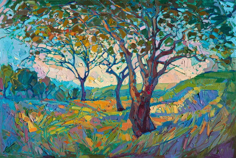 A fleeting impression of color and light is held still for a moment in this oil painting of California wine country.  The brilliant color changes subtly as the light refracts through the overhanging oak trees. </p><p>This painting is framed in a museum-quality, gold floater frame. 