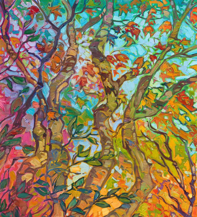 Inspired by the maple trees of Kyoto, Japan, this painting captures all the beauty of autumn with impressionistic color. You can feel the joy of autumn emanating from this painting. Maple trees are magnificent to paint, since their leaves range from pale green and golden yellow to cadmium red and rich purple, sometimes even on the same tree! </p><p>"Impressions of Fall" is a large oil painting created on stretched canvas. The piece arrives framed in a 23kt gold leaf floater frame (the EH frame), ready to hang.