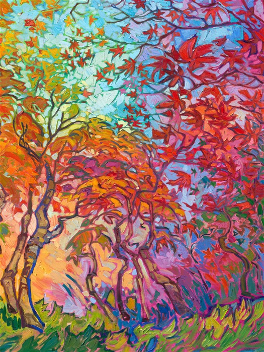 Inspired by the maple trees of Kyoto, Japan, this painting captures all the beauty of autumn with impressionistic color. You can feel the joy of autumn emanating from this painting. Maple trees are magnificent to paint, since their leaves range from pale green and golden yellow to cadmium red and rich purple, sometimes even on the same tree! </p><p>"Impressions of Fall" is a large oil painting created on stretched canvas. The piece arrives framed in a 23kt gold leaf floater frame (the EH frame), ready to hang.