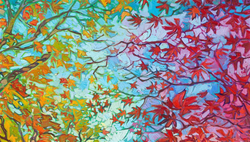Inspired by the maple trees of Kyoto, Japan, this painting captures all the beauty of autumn with impressionistic color. You can feel the joy of autumn emanating from this painting. Maple trees are magnificent to paint, since their leaves range from pale green and golden yellow to cadmium red and rich purple, sometimes even on the same tree! </p><p>"Impressions of Fall" is a large oil painting created on stretched canvas. The piece arrives framed in a 23kt gold leaf floater frame (the EH frame), ready to hang.