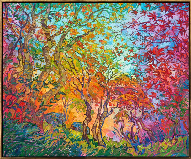 Inspired by the maple trees of Kyoto, Japan, this painting captures all the beauty of autumn with impressionistic color. You can feel the joy of autumn emanating from this painting. Maple trees are magnificent to paint, since their leaves range from pale green and golden yellow to cadmium red and rich purple, sometimes even on the same tree! </p><p>"Impressions of Fall" is a large oil painting created on stretched canvas. The piece arrives framed in a 23kt gold leaf floater frame (the EH frame), ready to hang.