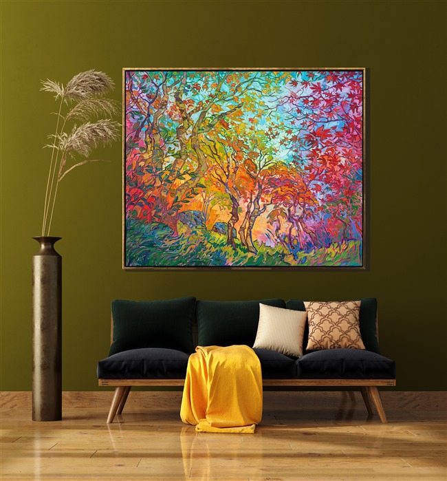 Inspired by the maple trees of Kyoto, Japan, this painting captures all the beauty of autumn with impressionistic color. You can feel the joy of autumn emanating from this painting. Maple trees are magnificent to paint, since their leaves range from pale green and golden yellow to cadmium red and rich purple, sometimes even on the same tree! </p><p>"Impressions of Fall" is a large oil painting created on stretched canvas. The piece arrives framed in a 23kt gold leaf floater frame (the EH frame), ready to hang.