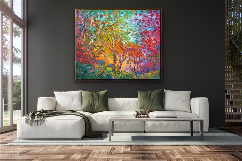 Inspired by the maple trees of Kyoto, Japan, this painting captures all the beauty of autumn with impressionistic color. You can feel the joy of autumn emanating from this painting. Maple trees are magnificent to paint, since their leaves range from pale green and golden yellow to cadmium red and rich purple, sometimes even on the same tree! </p><p>"Impressions of Fall" is a large oil painting created on stretched canvas. The piece arrives framed in a 23kt gold leaf floater frame (the EH frame), ready to hang.