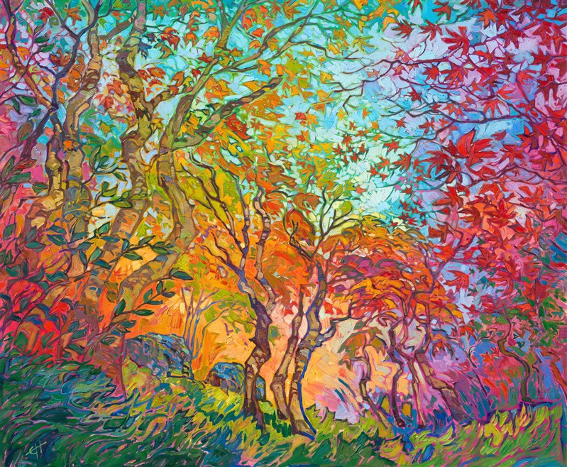 Inspired by the maple trees of Kyoto, Japan, this painting captures all the beauty of autumn with impressionistic color. You can feel the joy of autumn emanating from this painting. Maple trees are magnificent to paint, since their leaves range from pale green and golden yellow to cadmium red and rich purple, sometimes even on the same tree! </p><p>"Impressions of Fall" is a large oil painting created on stretched canvas. The piece arrives framed in a 23kt gold leaf floater frame (the EH frame), ready to hang.