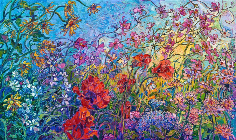 A wild flurry of garden flowers tumbles across the canvas, captured in time by the artist's brush. Impasto strokes of oil paint add texture and movement to the piece, while contrasting colors of blooms ignite the imagination and stir emotions. 