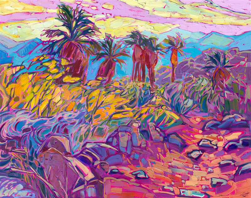 Indian Canyon in Palm Springs, California, is an oasis of surprising color in the midst of bare, desert mountainsides all around.  The trickling stream of water allows for abundant growth of flowering desert plant life. This painting captures the beauty of California's desert.</p><p>"Indian Dawn" is an original oil painting created on gallery-depth canvas. The piece arrives framed in a contemporary gold floating frame, ready to hang.