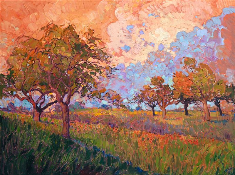 Indian paintbrush wildflowers grow across the beautiful landscape of Texas hill country, their bold red flowers a lovely contrast against the green grasses. This painting was created in a loose, impressionist style, full of life and movement.  This thickly applied brush strokes seem to create a mosaic of color and texture across the canvas.

"Indian Paintbrush" is one of the Erin Hanson artworks featured on <a href="https://www.erinhanson.com/blog?p=ErinHansonFrameTV">Samsung Frame TV</a>.

