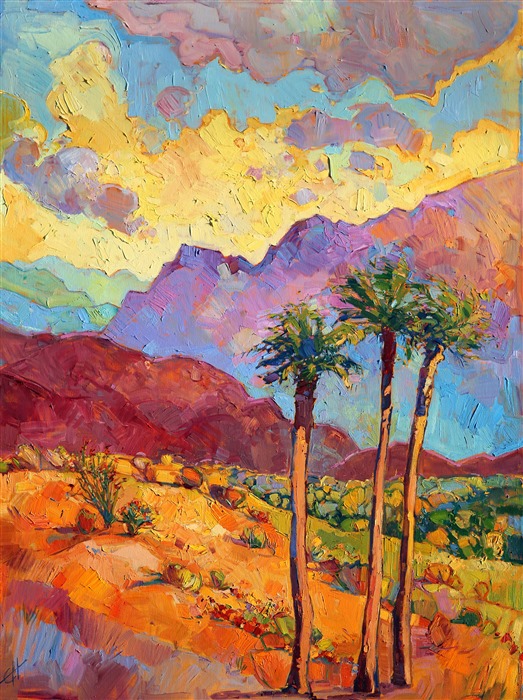 Bright springtime colors pop from the canvas in this painting of Indian Wells, near Palm Springs. This California desert painting captures the heat and color you see in the desert at sunset.