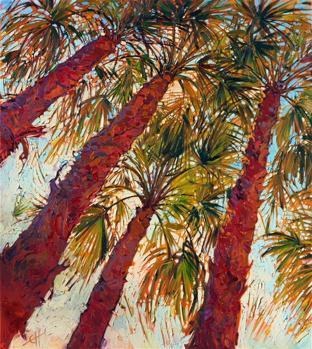 Looking up into the desert palms of La Quinta, California, gives a colorful view of back-lit fronds sparkling with color and motion.  The brush strokes in this diptych painting are thick and impressionistic.  </p><p>This painting is now being proudly displayed at PGA West's new clubhouse in La Quinta, California.</p><p>