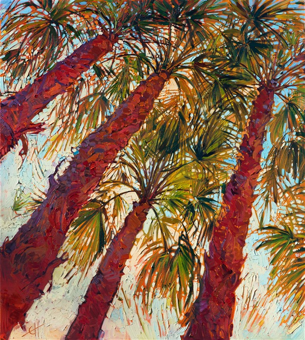 Looking up into the desert palms of La Quinta, California, gives a colorful view of back-lit fronds sparkling with color and motion.  The brush strokes in this diptych painting are thick and impressionistic.  </p><p>This painting is now being proudly displayed at PGA West's new clubhouse in La Quinta, California.</p><p>
