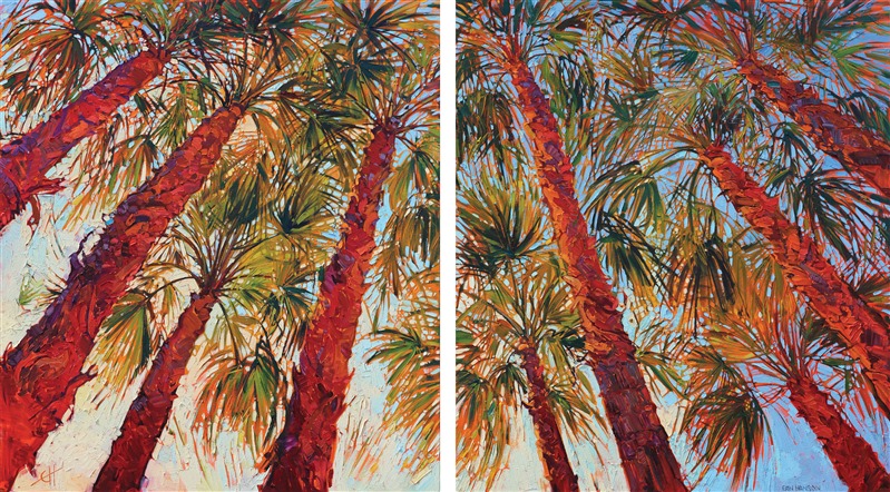 Looking up into the desert palms of La Quinta, California, gives a colorful view of back-lit fronds sparkling with color and motion.  The brush strokes in this diptych painting are thick and impressionistic.  </p><p>This painting is now being proudly displayed at PGA West's new clubhouse in La Quinta, California.</p><p>