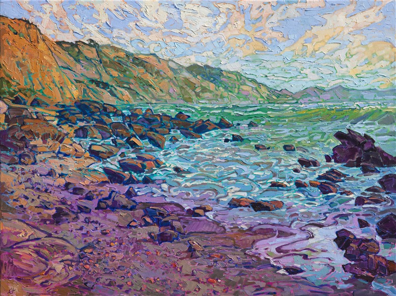 A rainbow of color floods this painting of the southern California coastline. The vivid oranges of the Torrey Pines cliffs are a beautiful contrast to the opalescent hues of Black's Beach below. Each brush stroke is full of life and thick with texture, capturing the joy of being out of doors.</p><p>This painting was created on 1-1/2" canvas, with the painting continued around the edges of the canvas. The piece has been framed in a custom-made, gold floater frame.
