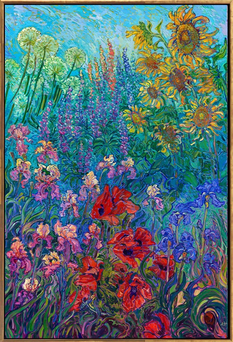Schreiner's Iris Garden in Woodburn, in the heart of Oregon's Willamette Valley, has the most amazing array of iris blooms I've ever seen. Every combination and variation of floral color possible is represented in these gardens. This painting captures the beautiful colors of an Oregon summer on a grand scale of a 6-foot-tall canvas.