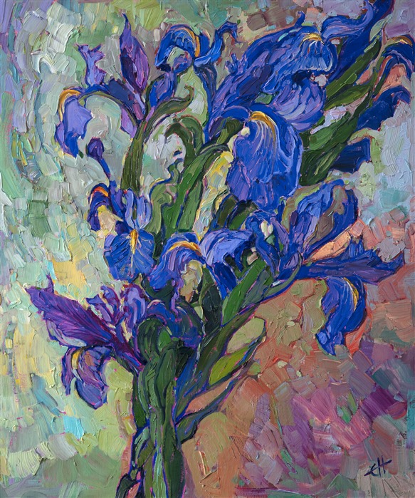 A bouquet of irises laying on the ground inspired me to paint the rich purple and ultramarine blooms resting against the reddish earth. The impasto brush strokes are expressive and highly textured, capturing the contours and rich hues of the flowers.</p><p>This painting was done on 1/8" canvas, and it arrives framed and ready to hang.