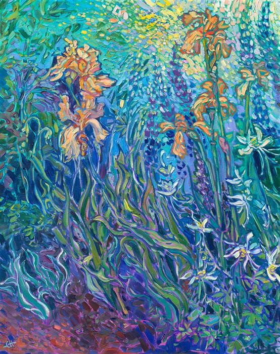 Irises bloom in the late springtime all across Oregon's countryside, in colors ranging from orange and yellow to blue and purple. This painting of an irises garden also has lupin and white irises in the foreground. The painting captures the light with short, textured brush strokes, reminiscent of Monet and van Gogh.</p><p>"Irises Garden" is an original oil painting by Erin Hanson, painted in her unique Open Impressionism style. The painting arrives in a burnished, 23kt gold leaf floater frame, ready to hang.