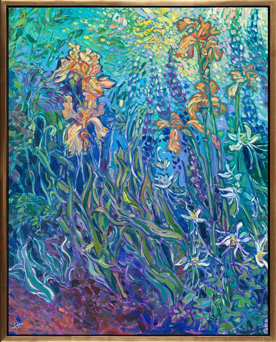 Irises bloom in the late springtime all across Oregon's countryside, in colors ranging from orange and yellow to blue and purple. This painting of an irises garden also has lupin and white irises in the foreground. The painting captures the light with short, textured brush strokes, reminiscent of Monet and van Gogh.</p><p>"Irises Garden" is an original oil painting by Erin Hanson, painted in her unique Open Impressionism style. The painting arrives in a burnished, 23kt gold leaf floater frame, ready to hang.